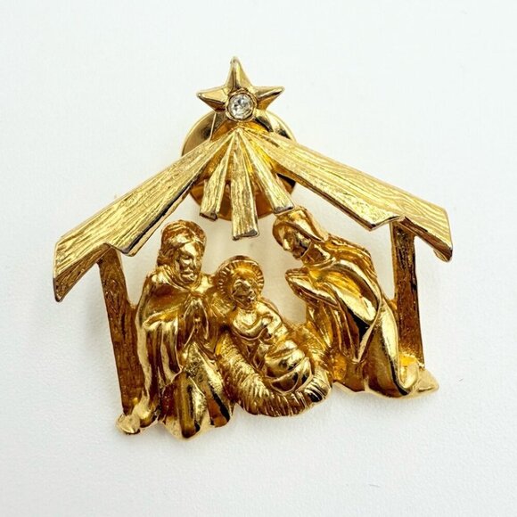 Vintage AVON Gold Tone nativity tack pin brooch with rhinestone star - Picture 1 of 4
